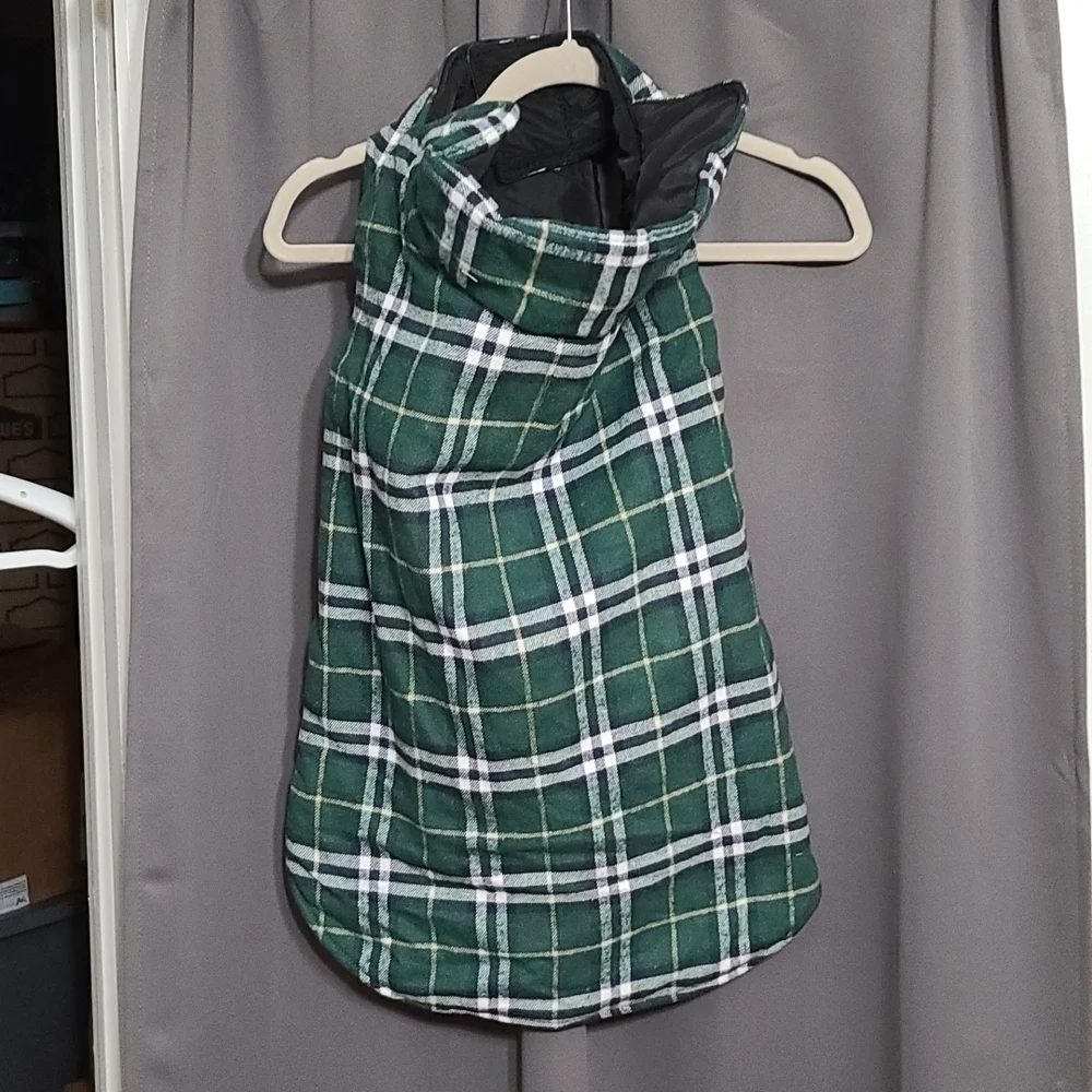 Large DOG‎ Coat Flannel Quilted Hook&Loop Green/White/Tan Plaid 27x21